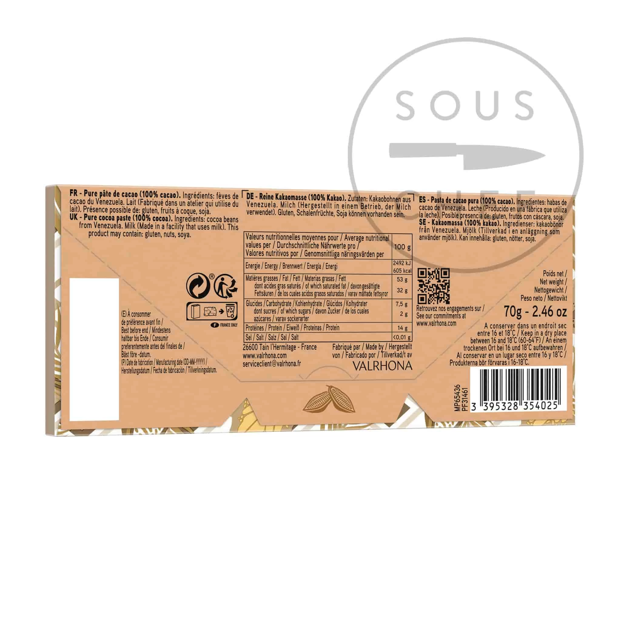 Ingredients Valrhona Araguani 100% Dark Chocolate Bar 70g 4 Ingredients Valrhona Araguani 100% Dark Chocolate Bar 70g