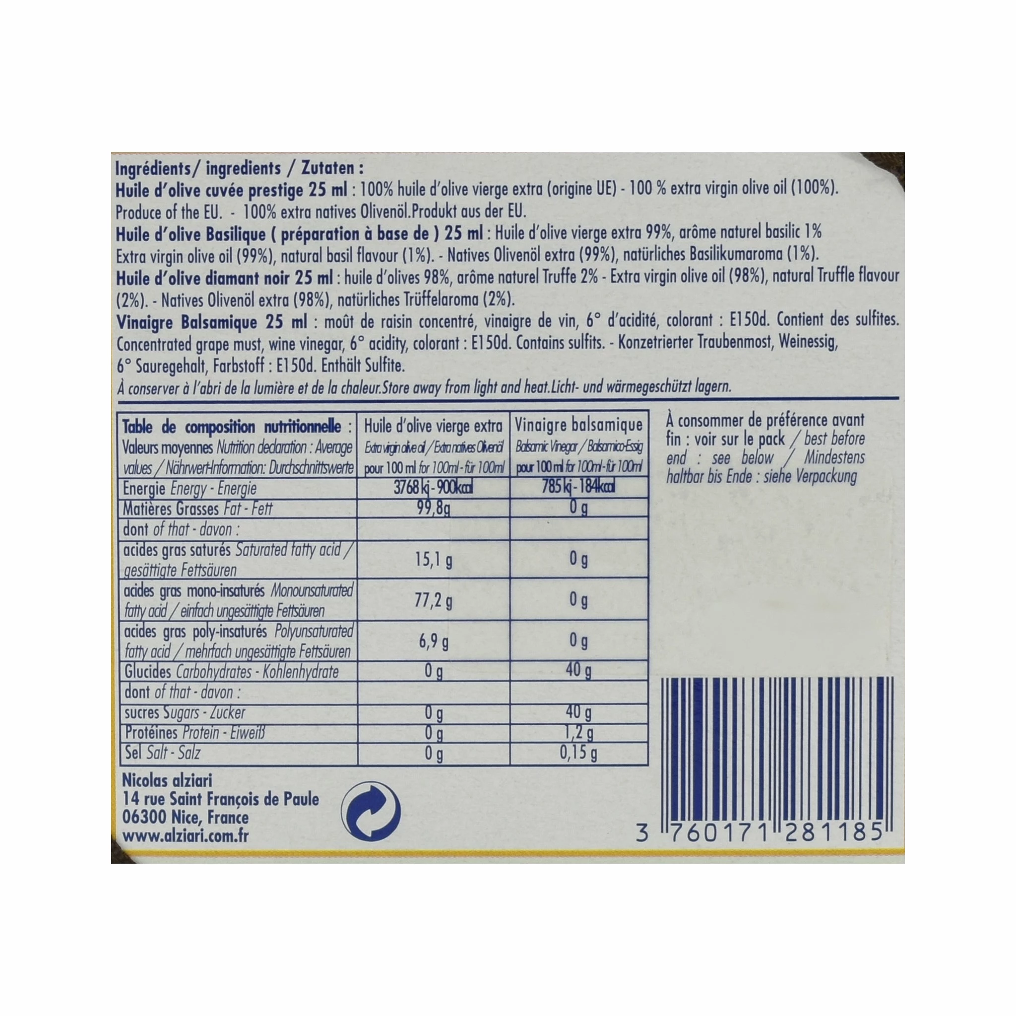 Nicolas Alziari Ingredients Alziari Mini Olive Oil & Vinegar Sampler 4 X 25ml 4 Nicolas Alziari Ingredients Alziari Mini Olive Oil & Vinegar Sampler 4 X 25ml