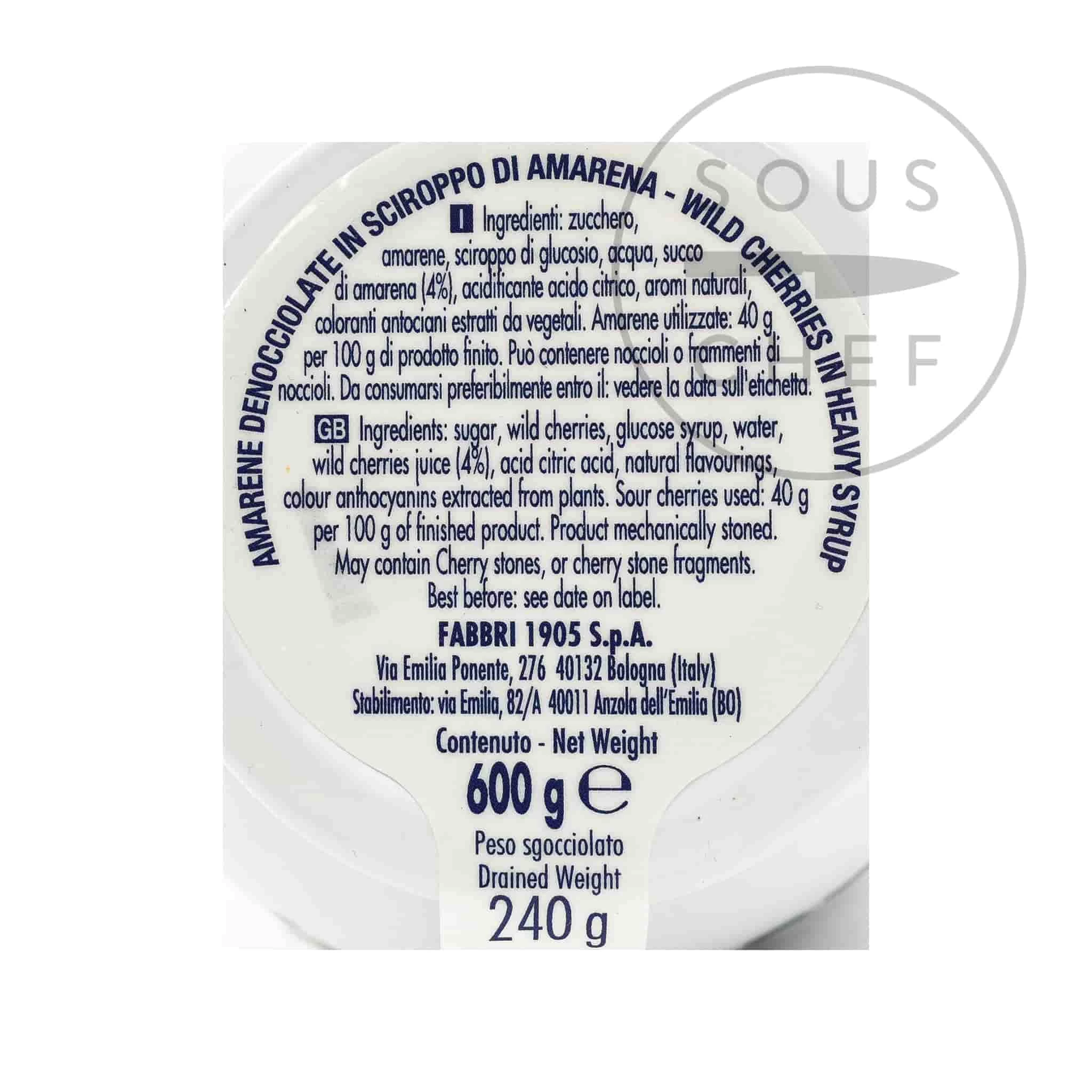 Fabbri Amarena Cherries In Syrup - Opaline Jar 600g Ingredients 4 Fabbri Amarena Cherries In Syrup - Opaline Jar 600g Ingredients