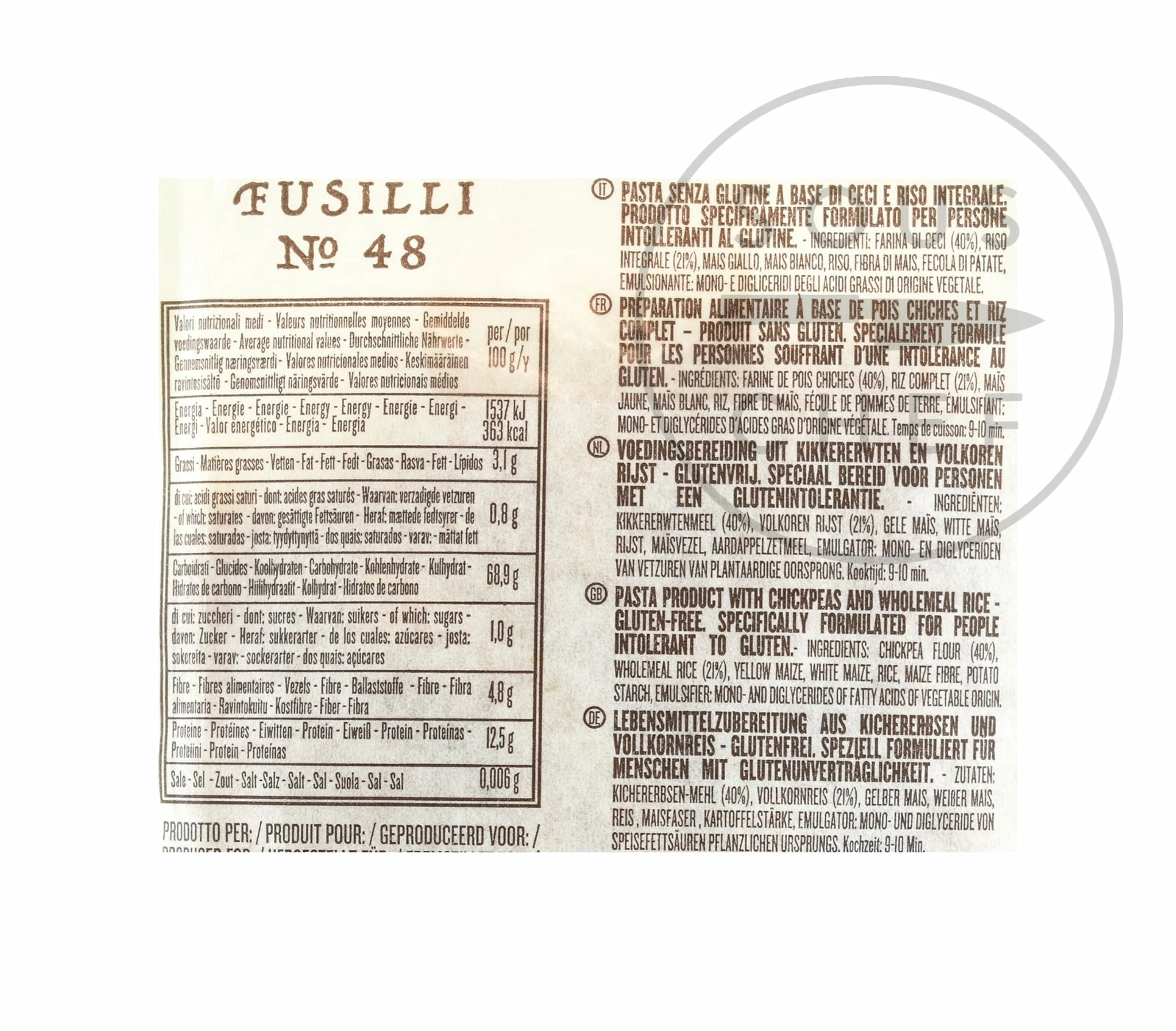 Ingredients Rummo Gluten Free Chickpea Fusilli 300g 4 Ingredients Rummo Gluten Free Chickpea Fusilli 300g