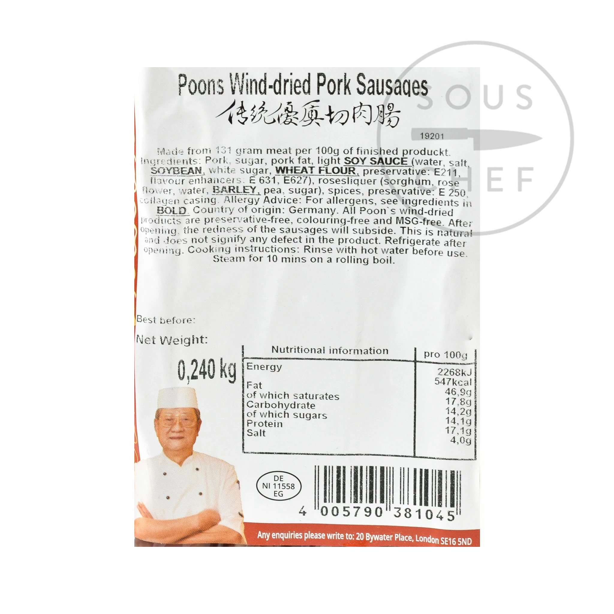 OK Poon's Chinese Wind-Dried Pork Sausage 240g Ingredients 5 OK Poon's Chinese Wind-Dried Pork Sausage 240g Ingredients