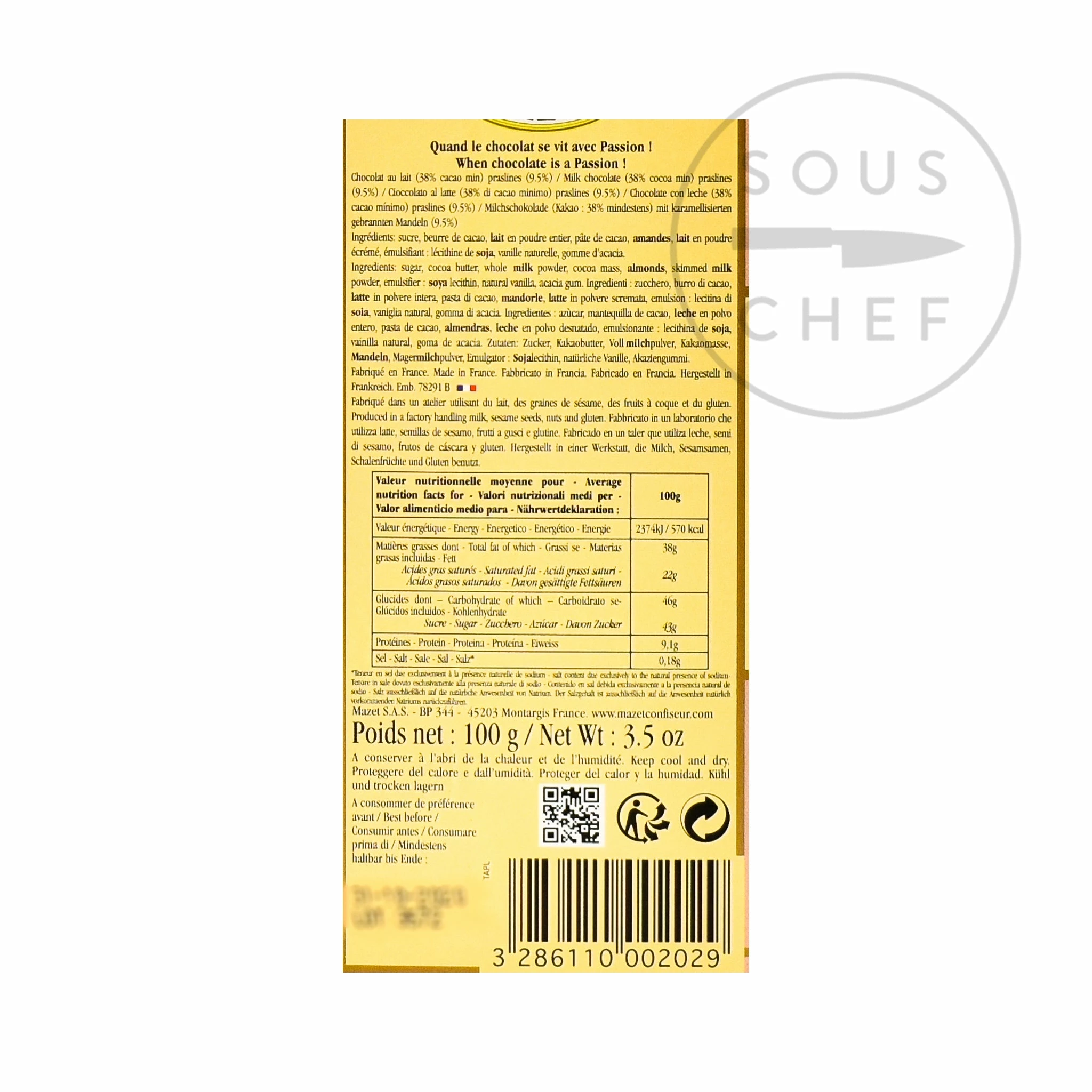 Ingredients Mazet De Montargis Milk Chocolate With Praline 100g 4 Ingredients Mazet De Montargis Milk Chocolate With Praline 100g