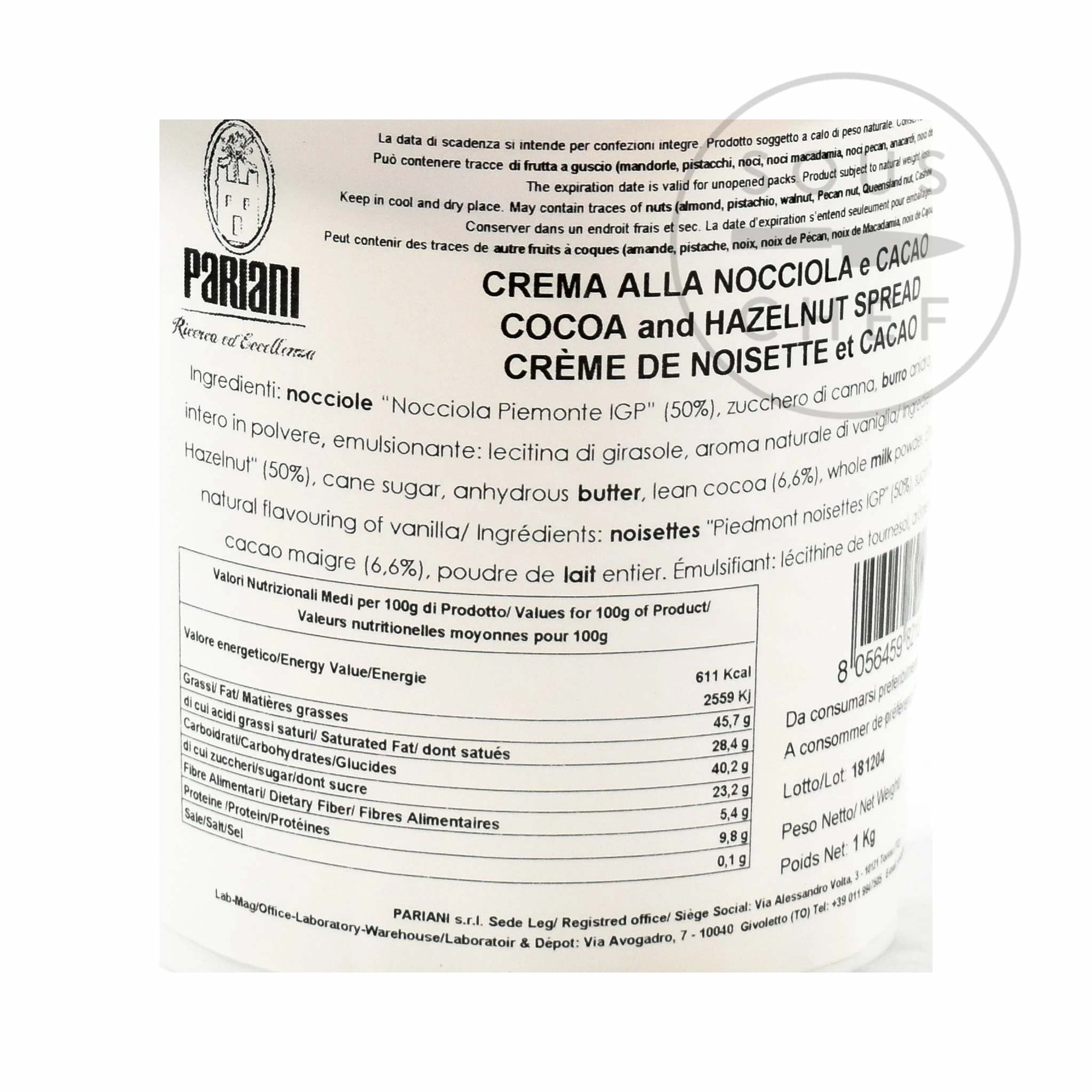 Pariani Italian Hazelnut Gianduja Paste 1kg Ingredients 5 Pariani Italian Hazelnut Gianduja Paste 1kg Ingredients