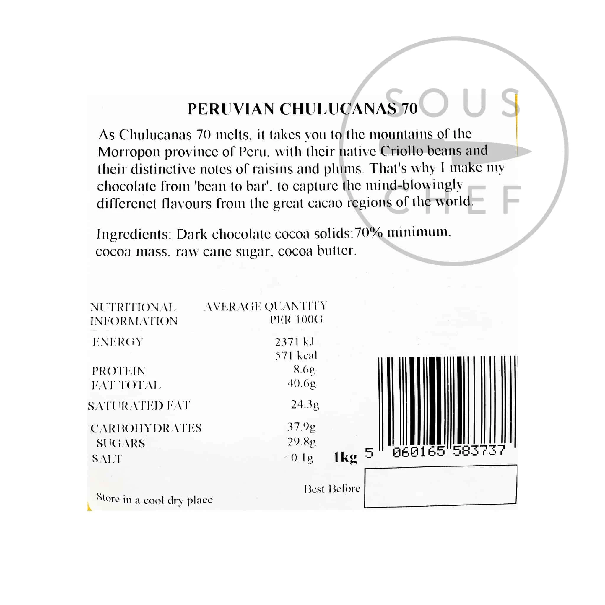 Willie's Cacao Chulucanas 70% Peruvian Chef's Drops 1kg Ingredients 4 Willie's Cacao Chulucanas 70% Peruvian Chef's Drops 1kg Ingredients
