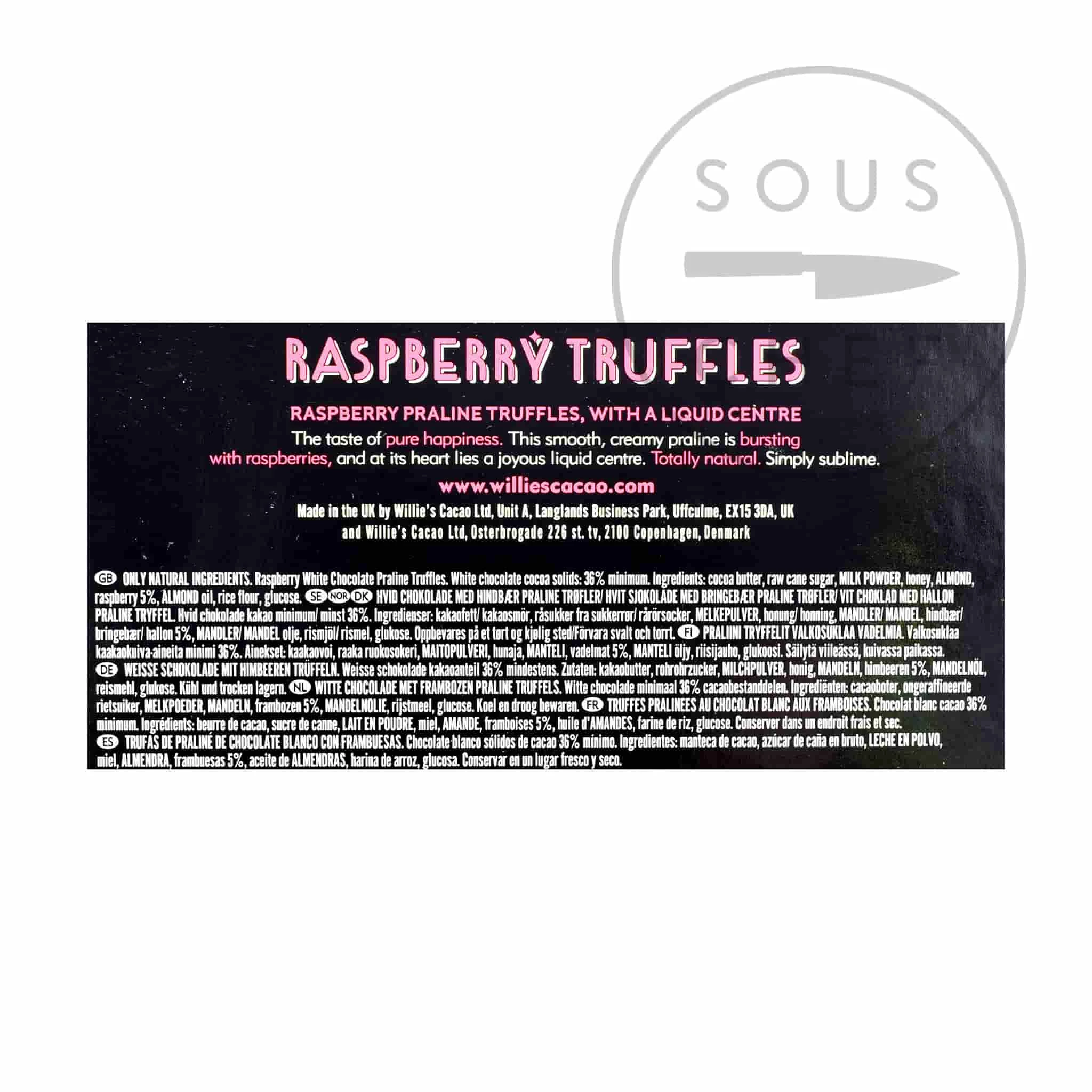 Ingredients Willie's Cacao Liquid Centre Raspberry Truffles 110g 4 Ingredients Willie's Cacao Liquid Centre Raspberry Truffles 110g
